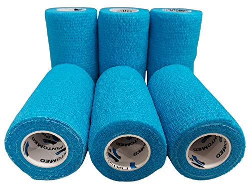 PintoMed Selbstklebender Verband Gedehnt -6x Hellblau Bandagen Rollen - 10cmx4,5m Haftbandage Verband Fixierbinde Selbsthaftend Health Pflaster Sport Tape Stück für Handgelenk Bein Arm Vet Wrap