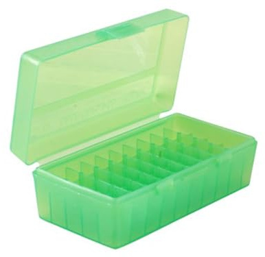 MTM 50 cajas de munición redondas abatibles 41/44 Cal, 5.52 pulgadas de largo x 3.24 pulgadas de ancho x 1.98 pulgadas de alto, (verde transparente)