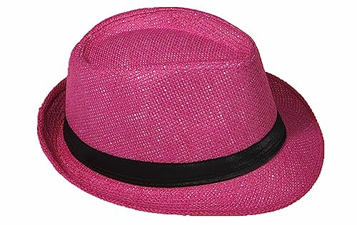 Strohhut Panama Fedora Trilby Gangster Hut Sonnenhut mit Stoffband Farbe:-Pink (Strohhut) Gr:-58