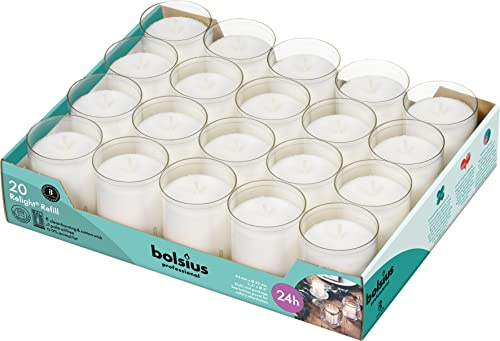 Bolsius Candele Bianche Re-light in Contenitore Trasparente - Set die 20 Pezzi - Cera Inodore - Durata fino a 24 Ore a Candela - Dimensione 65/50