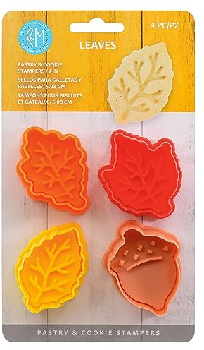 R&M Fall Leaves Collection Pastry & Cookie Cutter set of 4. Assorted Colors and Designs, Leaves, Autumn, Acorn. 2 Inches Assorted Plastic Cookie Cutters