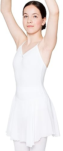 tanzmuster Kinder Ballettkleid Maja - süßer Spaghetti-Träger Ballettbody mit Chiffon Röckchen und Glitzersteinen in weiß, Größe:128/134
