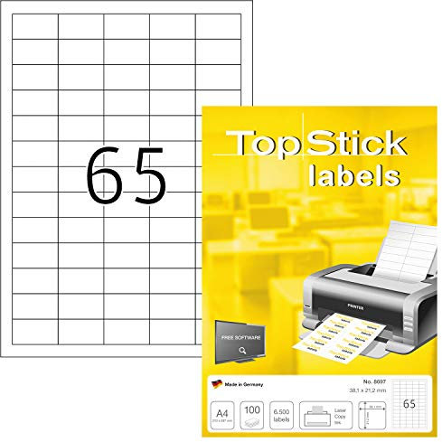 TopStick 8697 Universal Etiketten, 100 Blatt, 38,1 x 21,2 mm, 65 pro A4 Bogen, 6500 Stück, selbstklebend, bedruckbar, matt, blanko Papier Klebeetiketten Aufkleber, weiß, Packaging may vary
