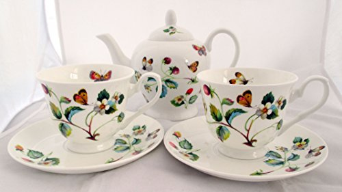 Strawberries and Butterflies Tea Set for Two Fine Bone China Hand Decorated in The UK Tea Set 1 Teapot 2 Cups & 2 Saucer