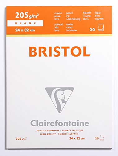 Clairefontaine - Ref 96170C - Bristol Extra White Paper Pad (20 Sheets) - 24 x 32cm Size, 205gsm Paper - Suitable for Pencil, Technical Pen, Indian Ink, Felt Nibs