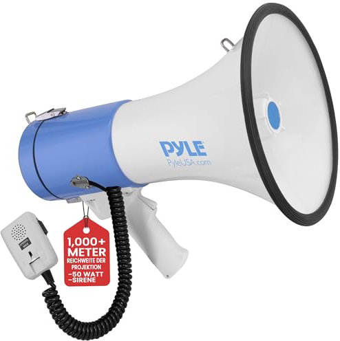 Pyle Megaphon mit Sirene, Signalhorn – Siren Megaphone – Signalhorn, Megafon Erwachsene 50 Watt, Faltbare Megaphone mit Sirene & Mikrofon, Lautstärke Einstellbar & Batteriebetrieben, Reichweite: 1100m