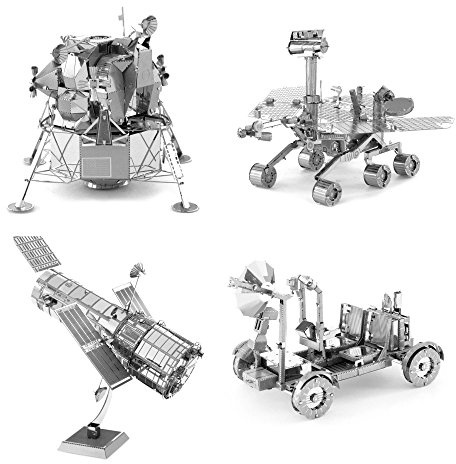 Fascinations Metal Earth Space Metal Model Kits Set of 4 - Hubble Telescope - Apollo Lunar Rover - Apollo Lunar Module - Mars Rover