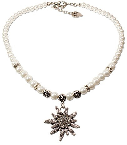 Alpenflüstern Traditional bavarian pearl necklace Fiona with rhinestones Edelweiss large, Ladies costume jewelry, beaded necklace for Dirndl, Leather trouser, Oktoberfest (cream-white)
