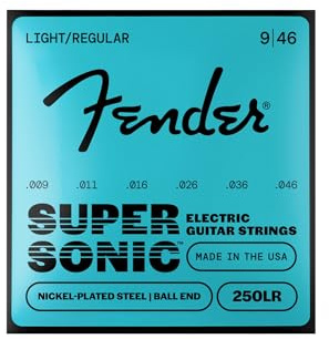 Fender Super 250 Nickel-Plated Electric Guitar Strings, Light Regular 9-46 | Ball end set, 009-046 gauge, nickel-plated steel, bright tone, beginner-friendly, light regular, electric guitar
