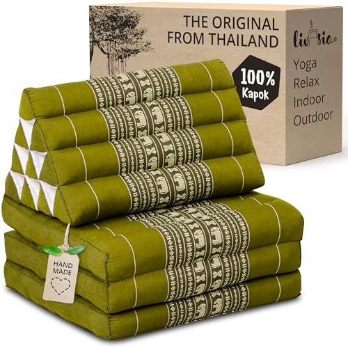 livasia Thai cushion with 3 seat rests - 69x20x3.1″ - Triangle cushion with folding mattress, Wedge cushion, kapok, Back support cushion, folding, Thai mat, folding, Hand made (Green/Elephants)