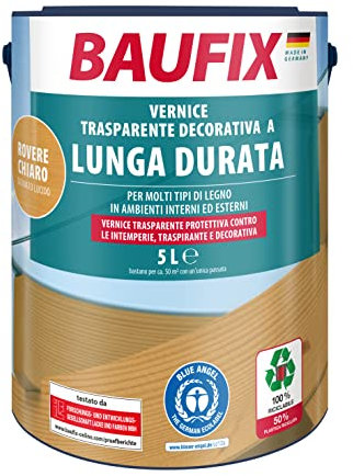 BAUFIX Lasure déco longue durée chêne clair, satinée brillante, 5 litres, Lasure pour bois, Lasure de protection du bois, pour intérieur et extérieur, pour nombreux bois de résineux/feuillus