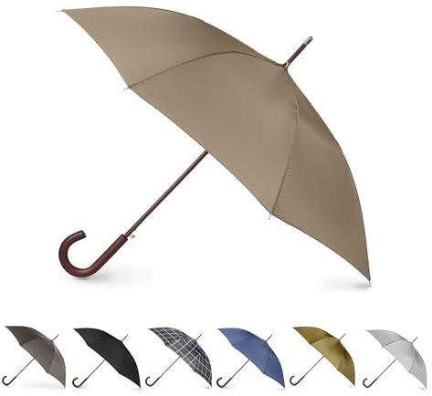 Tote's Men's Eco Auto Open Wooden Handle J Stick Umbrella, Beige, One Size, Auto Wooden Stick