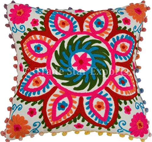 Trade Star 100% Cotton 16x16 Inches Modern Sofa Throw Pillow Cover Beautiful Embroidered Pom Pom Cushion Cover Spring Pillow Cover Fall Decor Cushion Case Decorative Handmade Euro Shams