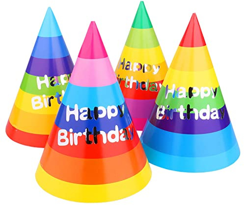 Azude Rainbow Party Hats for Kids and Adults, 12 Pack Happy Birthday Cone Hats with Metallic Foil Text, Sturdy 250gsm Paper Birthday Caps for Boys Girls & Classroom Celebrations, 7.9 Inch