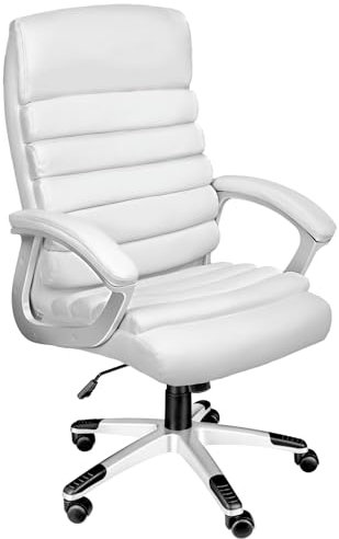 TecTake® Office Chair with Ergonomic Design & Faux Leather Cover, 360° Swivel Chair with Extra-Thick Padding, High Backrest & Rocking Function, Height-Adjustable Desk Chair for Home & Office - White