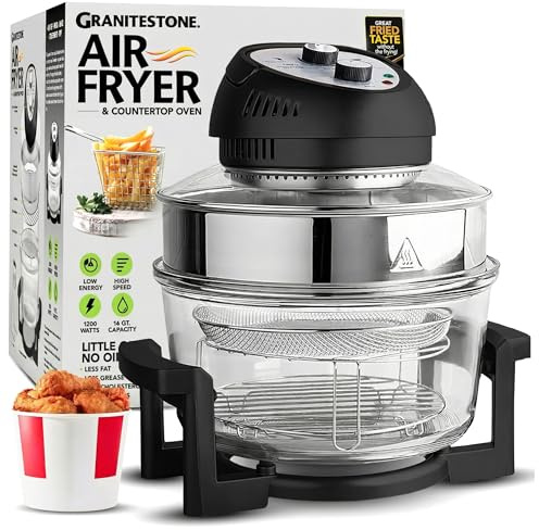 Granitestone 16Qt Large Glass Air Fryer Non Toxic – Family Sized Airfyrer Cooker with 3 Cooking Sections, Stainless Steel Racks, for French Fries, Chicken, No Preheat, Self Cleaning, Dishwasher Safe
