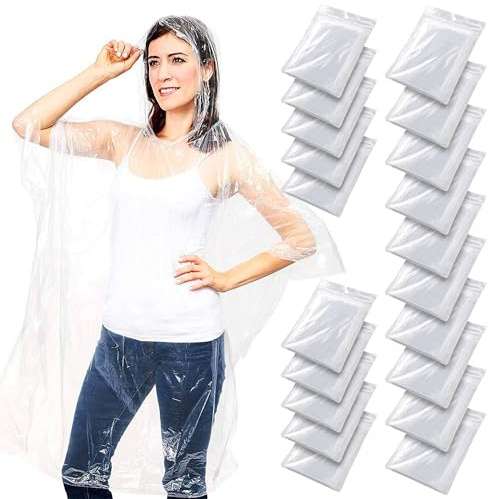 Juvale Disposable Rain Ponchos for Adults - 20-Pack, One Size, Clear Hooded - Plastic Ponchos Bulk & Emergency Rain Gear for Camping & Festivals