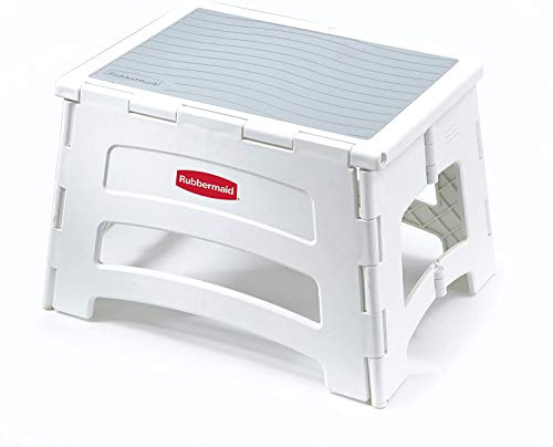 Rubbermaid Mini Folding Step Stool, Short, Foldable, Lightweight with Slip Resistant Treads and Non-Slip Feet, White
