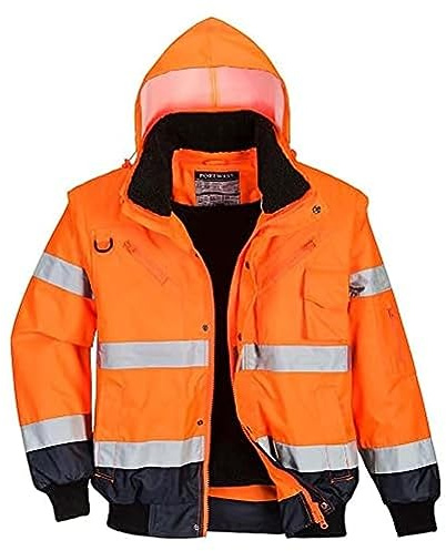 Portwest C465 Hi-Vis 3-in-1 Waterproof Contrast Hooded Bomber Jacket with Pockets - Reflective Outdoor Safety Security Workwear Coat, Orange/Navy, XL