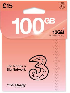 THREE 4G/5G SIM Card UK & ROAM FREE in over 70 destinations - PREPAID PAYG £15 Bundle - 75GB + (25GB FREE DATA) Unltd Texts & Mins - ROAMING ALLOWANCE 12GB