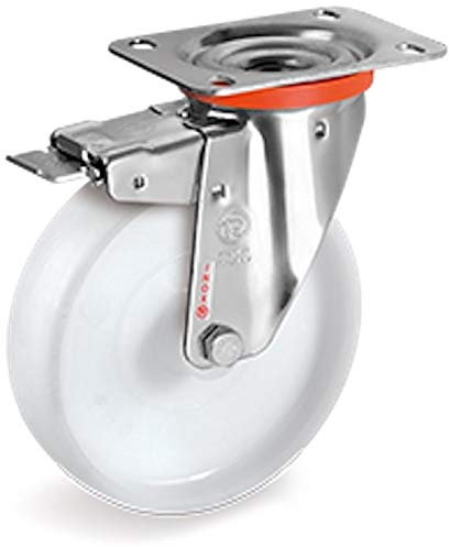 Roulette INOX pivotante à frein diamètre 80 mm roue polyamide blanc - 150 Kg