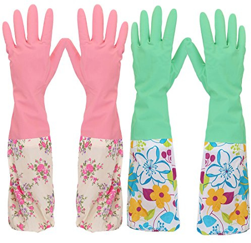kilofly 2 Pairs Long Cuff Waterstop Dishwashing Cleaning Household Latex Gloves