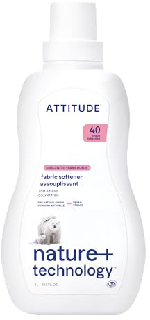 ATTITUDE Liquid Fabric Softener, Plant-Based & Vegan, HE Compatible, Naturally Derived, Unscented, 40 Loads, 1 Liter