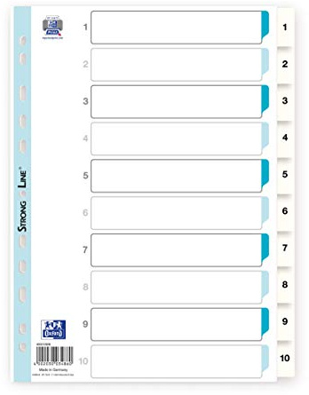 Oxford Kunststoff-Register Strong-Line 1-10 10-teilig für DIN A4 Plastikregister mit beschriftbarem Deckblatt weiß Ringbuch Ordner Ring-Mappe