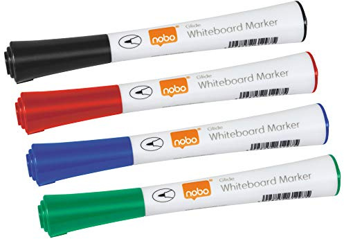 Nobo Glide Pennarelli per Lavagna Bianca Cancellabili a Secco, Punta Fine Larga 1 mm, Confezione da 4, Colori Assortiti, 1902077