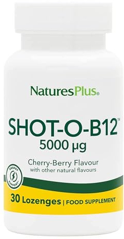 NaturesPlus Shot-O B12 Methylcobalamin - High Strength, Active, Chewable Vitamin B12 Tablets - Energy Booster - Gluten Free, Vegan - 30 Berry Flavour Lozenges