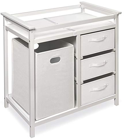 Badger Basket Modern Baby Changing Table - Nursery Furniture with Laundry Hamper and 3 Storage Drawers - Diaper Changing Station with Safety Belt, Changing Pad, and Organizer Baskets - White