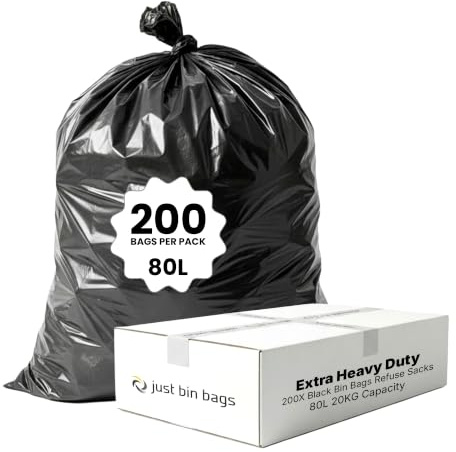 200 Pack 80L 55 Micron Extra Heavy Duty Black Bin Bags | Office, Kitchen & Garden