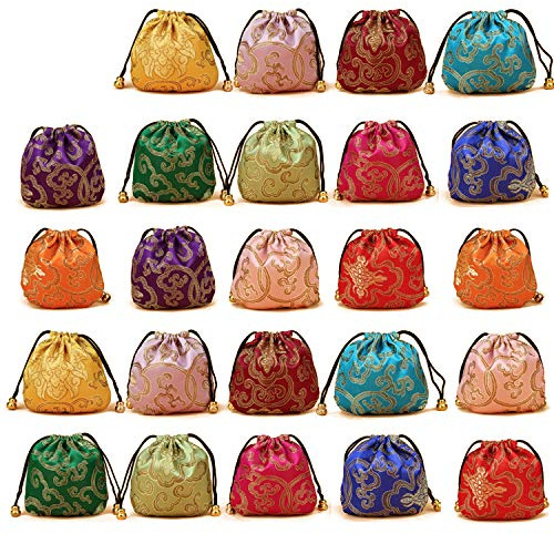 Elesa Miracle 24pcs Silk Brocade Jewelry Pouch Bag, Drawstring Coin Purse, Gift Bag Value Set