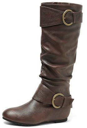 DREAM PAIRS Women's Knee High Low Hidden Wedge Boots Suede Faux Fur Lining Side Zipper Knee High Buckle Boots,Size 9.5,Brown,URA