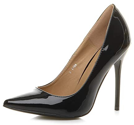 Ajvani Womens ladies high heel pointed court smart party work shoes pumps size 6 39, Black Patent, 6 UK