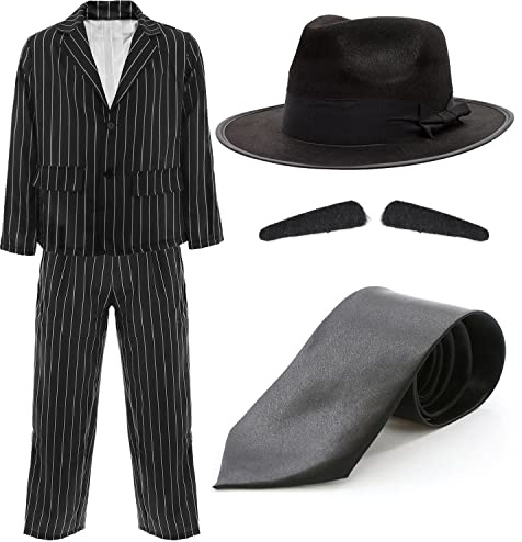 Gangster Costume – X-Large - Black & White Pinstripe Suit Jacket and Trousers, Fedora, Tie – 1920's Film & TV Fancy Dress