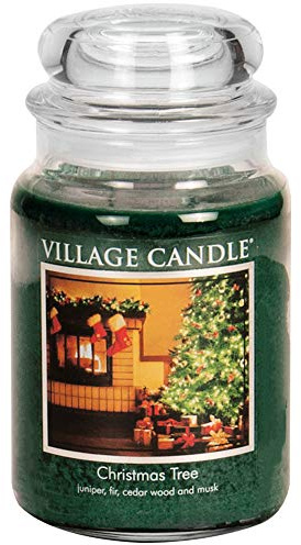 Village Candle Christmas Tree Large Glass Apothecary Jar Scented Candle, (26oz), Green