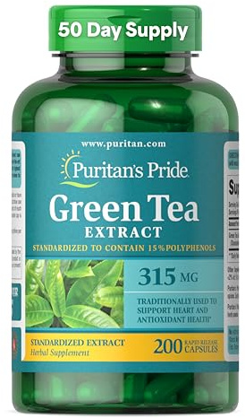 Puritan's Pride Green Tea Standardized Extract 315mg, Dietary Herbal Supplement for Antioxidant Health Support, EGCG, 3 Month Supply, 200 Rapid Release Capsules