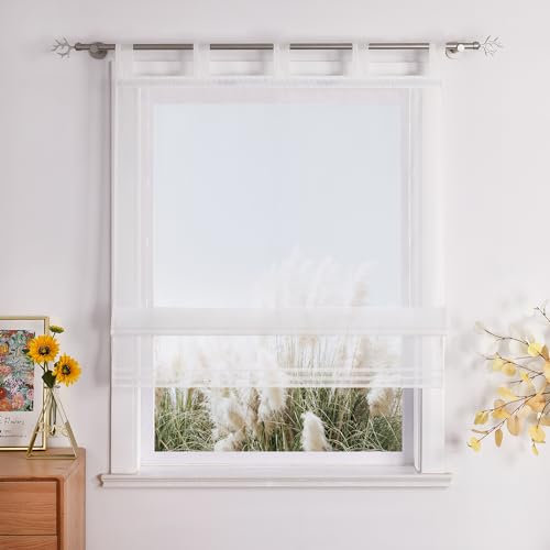 Estor plegable de voile con trabillas, diseño plisado, color beis, 100 x 155 cm (ancho x alto)