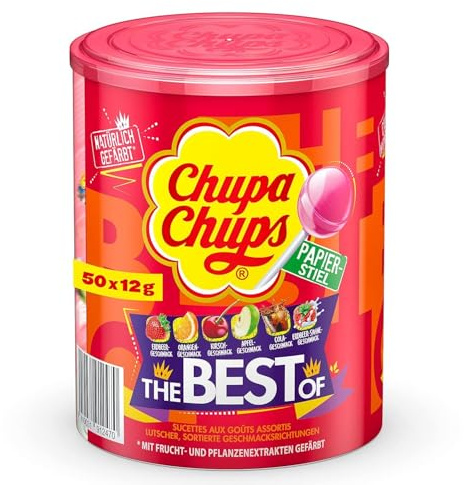 Chupa Chups Best of Lutscher-Dose, enthält 50 Lollis in 7 Geschmacksrichtungen Cola, Apfel, Erdbeere und weitere, geeignet für Geburtstag, 50 x 12g
