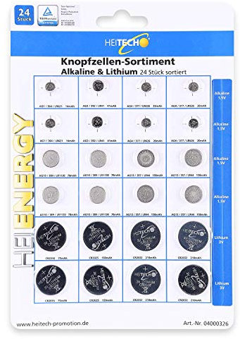 HEITECH 24er Pack Alkaline & Lithium Knopfzellen Batterie - 2X AG1 / 2X AG3 / 4X AG4 / 4X AG10 / 4X AG13 / 2X CR2016 / 2X CR2025 / 4X CR2032-1,5V & 3V Knopfbatterien auslaufsicher