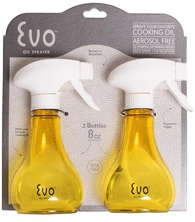 Evo Oil Sprayer Bottle, Non-Aerosol for Olive Oil and Cooking Oils, 8-ounce Capacity, Set of 2