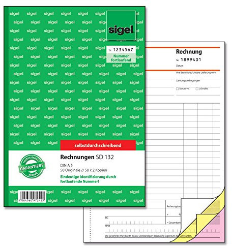 SIGEL SD132 Rechnungen fortlaufend nummeriert, eindeutige 7stellige Nummer wie vom Finanzamt vorgeschrieben, A5, 3x50 Blatt, selbstdurchschreibend, mit Abheftlochung, Rechnungsblock