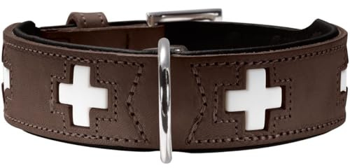 HUNTER Hundehalsband SWISS, Farbe: braun/schwarz, weiches Rindnappaleder, handvernähte Schweizer Kreuze, langlebig und komfortabel, hochwertige Handarbeit, Made in Germany, Größe: M (55)
