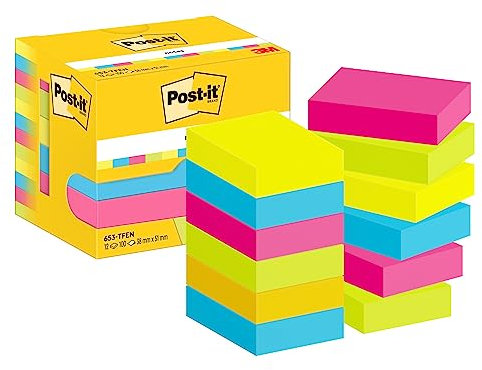 Post-it Notes Energetic Collection, Packung mit 12 Blöcken, 100 Blatt pro Block, 38 mm x 51 mm, Farbe: Gelb, Blau, Pink, Grün - Selbstklebende Notizzettel für Notizen, To-Do-Listen & Erinnerungen