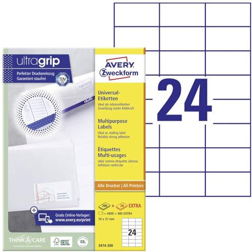 AVERY Zweckform 3474-200 Adressaufkleber (4.800 plus 480 Klebeetiketten extra, 70x37mm auf A4, Papier matt, bedruckbare Absenderetiketten, selbstklebende Adressetiketten mit ultragrip) 220 Blatt, weiß