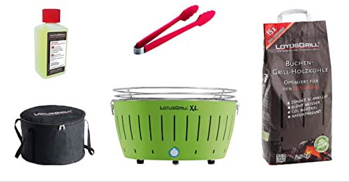 LotusGrill XL Starter-Set 1x XL Grill Limettengrün mit USB-Anschluß, 1x Buchenholzkohle 2,5 kg, 1x Brennpaste 200ml, 1x Zange, 1x Transport-Tragetasche XL - Der raucharme Holzkohlegrill