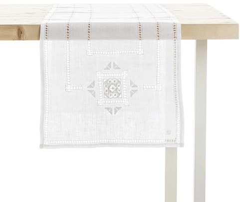Zenoni & Colombi Striscia Centro Tavola Ricamato a Mano Donatello Made in Italy Puro Lino (40x135cm)