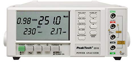 PeakTech 2510 Leistungsanalysator, Wattmeter, Strommessgerät 1 Phasen Leistungsanalysator bis 1000 kW, Anzeige bis 10000 kWh mit RS-232, Cos Phi, Frequenz, Widerstand, 600 V AC, 1000 A AC DC, P 2510