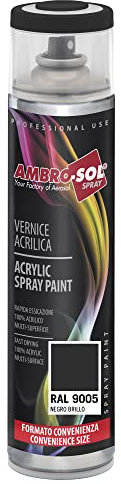 Ambro-Sol V600PAST5 Smalto Acrilico Multiuso, Vernice per Interni ed Esterni, Adatto per Qualsiasi Tipo di Materiale, Bomboletta Spray in Banda Stagnata Riciclabile 600 ml, Ral 9005 Nero Lucido
